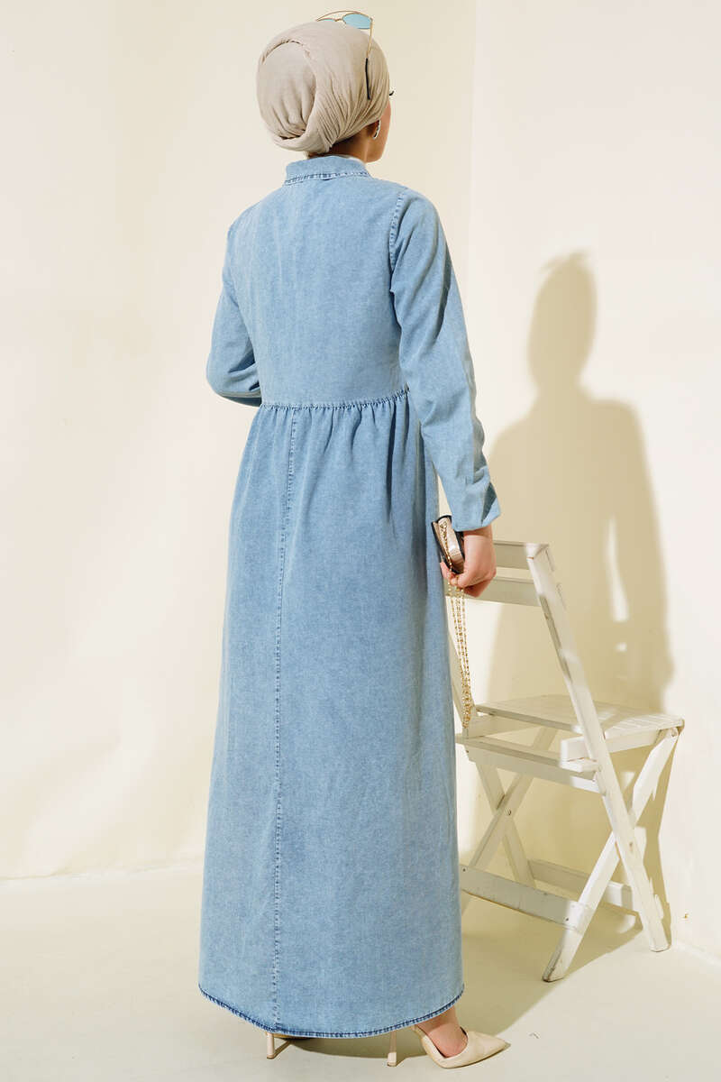 Zip Denim Dress with Two Pockets - Denim Blue