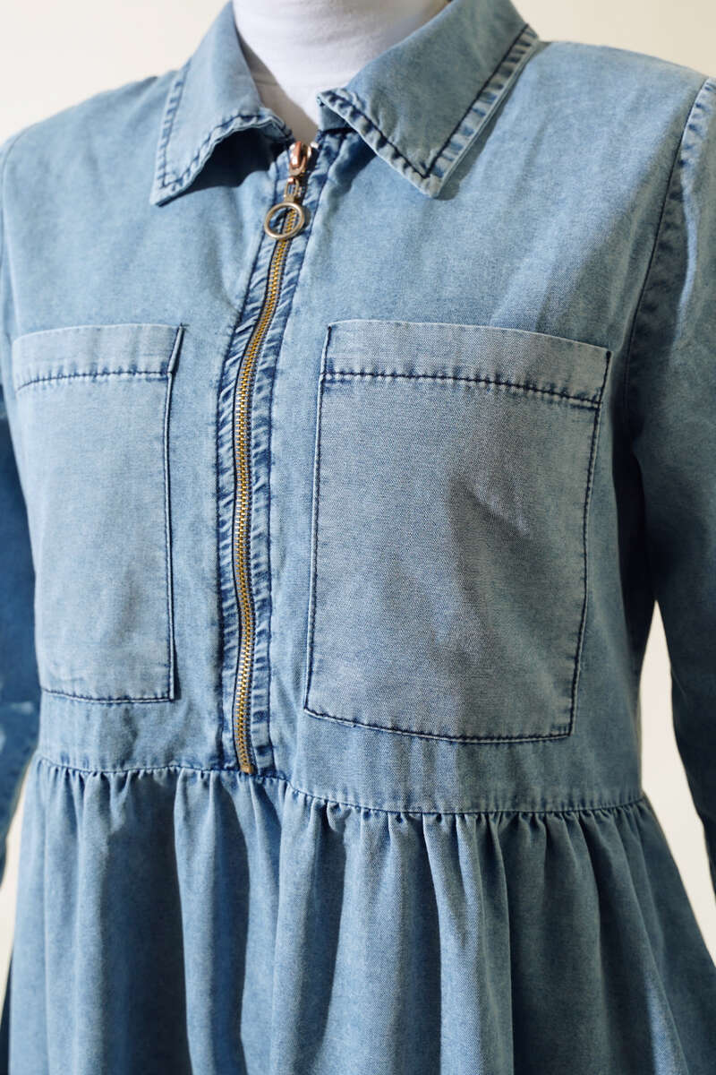Zip Denim Dress with Two Pockets - Denim Blue