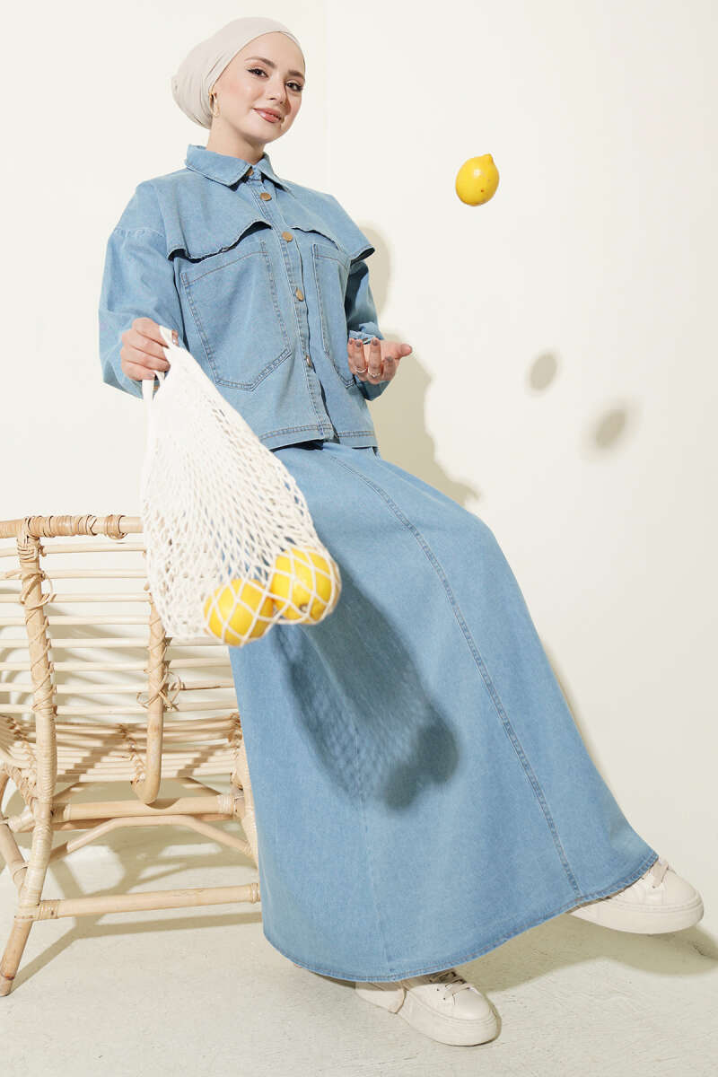 Denim Jacket and Skirt Set with Two Pockets - Light Blue