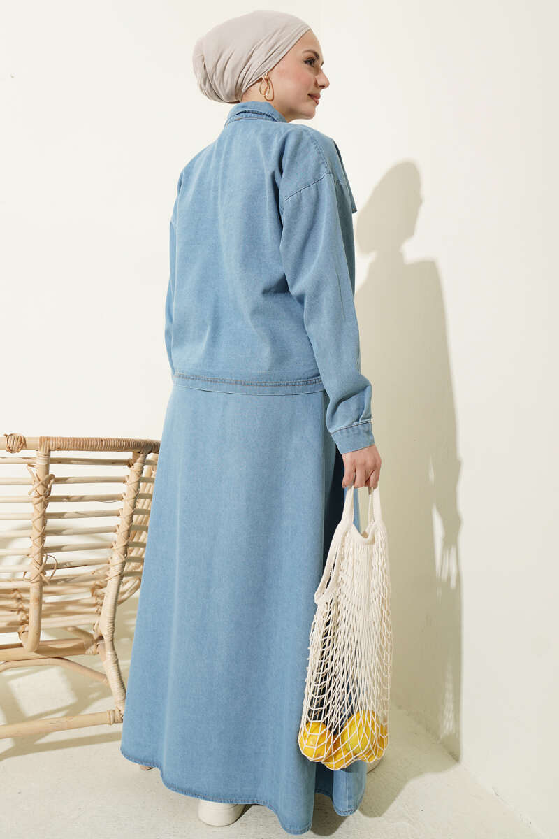Denim Jacket and Skirt Set with Two Pockets - Light Blue