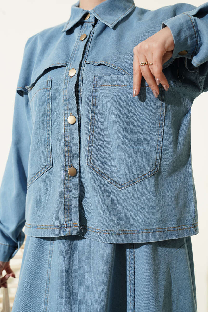 Denim Jacket and Skirt Set with Two Pockets - Light Blue