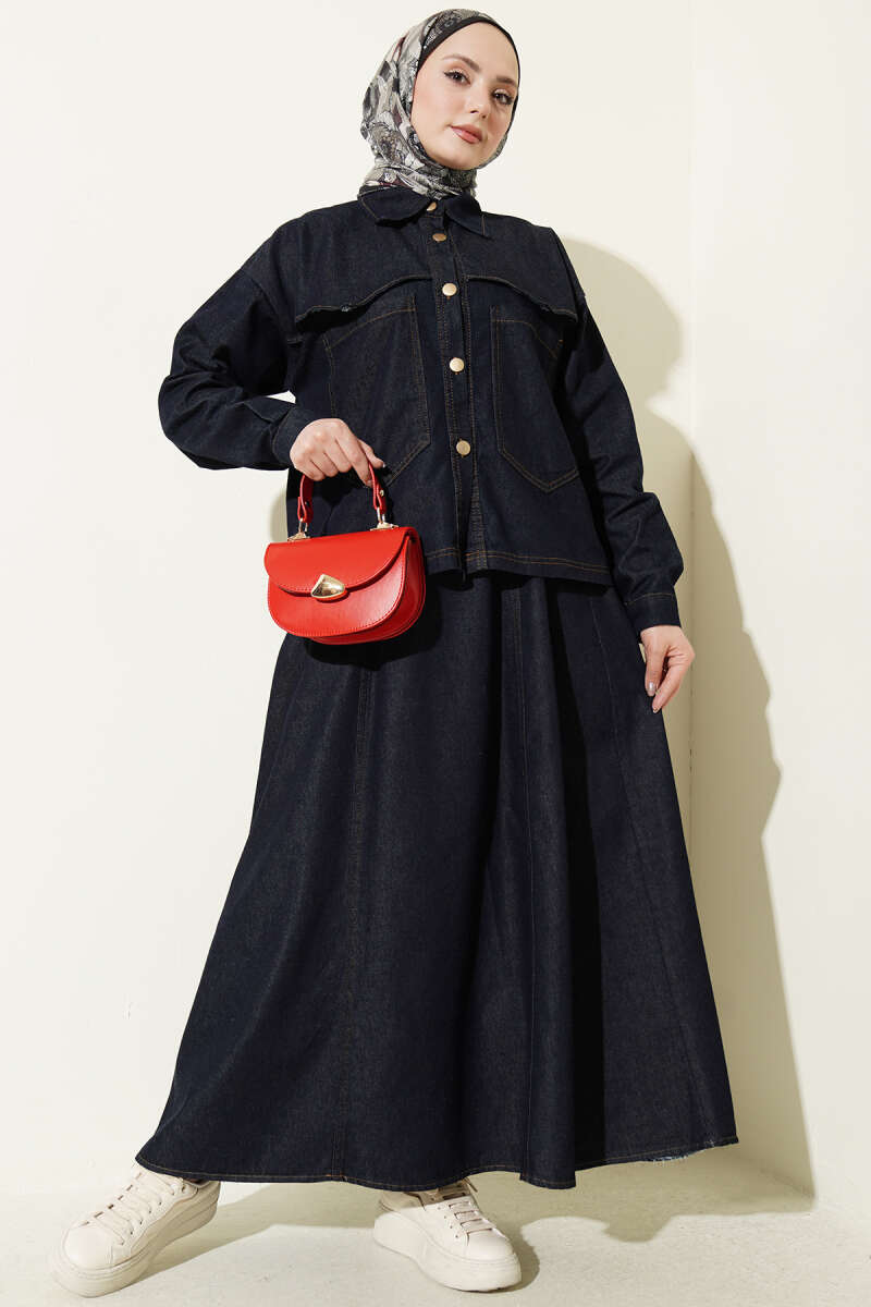 Denim Jacket and Skirt Set with Two Pockets - Navy