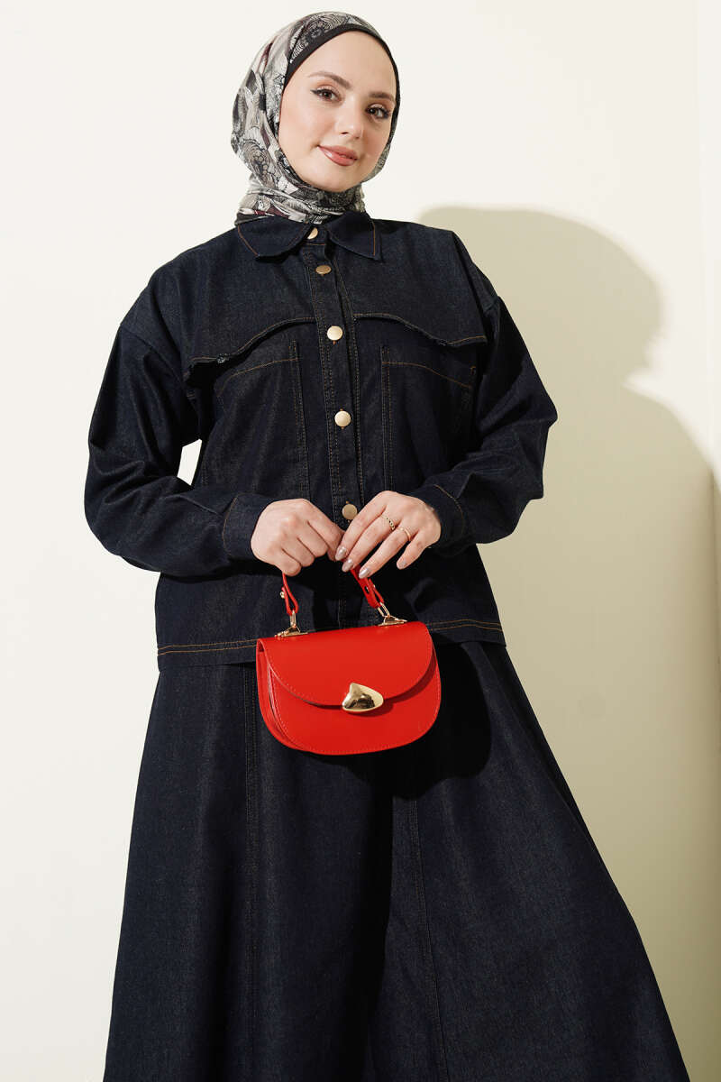 Denim Jacket and Skirt Set with Two Pockets - Navy