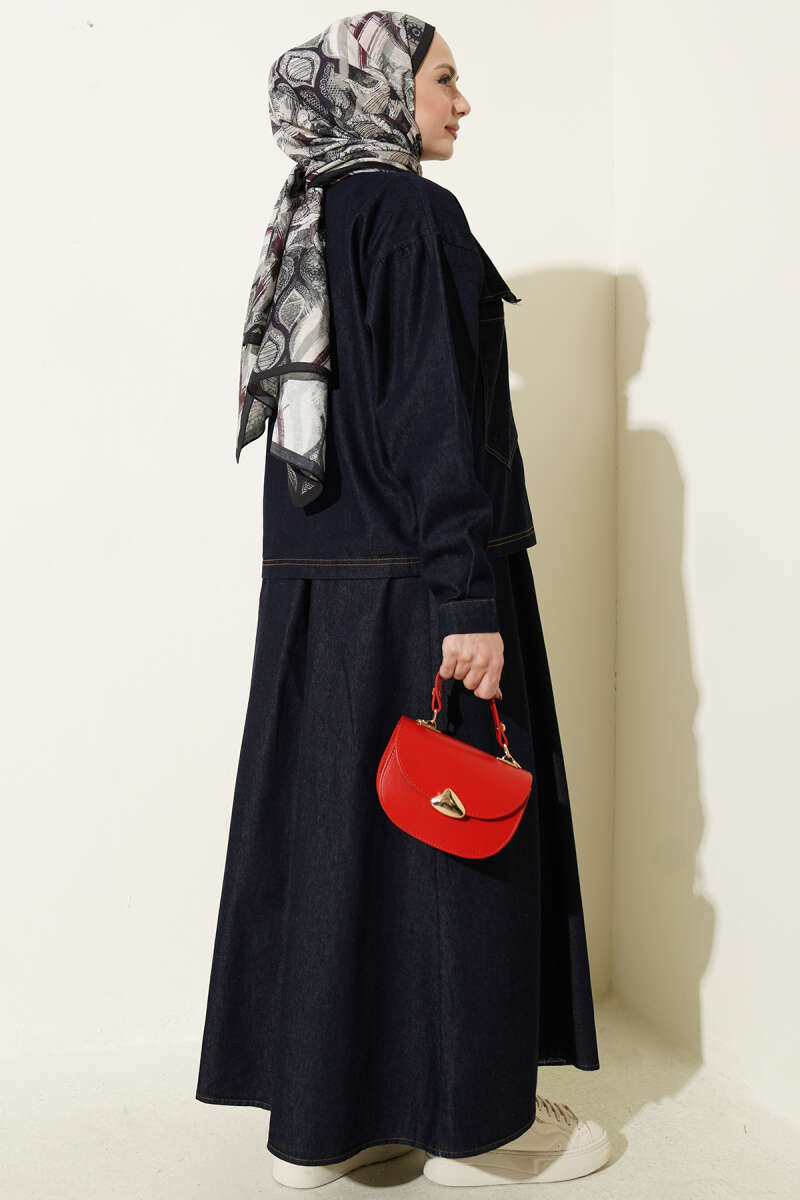 Denim Jacket and Skirt Set with Two Pockets - Navy