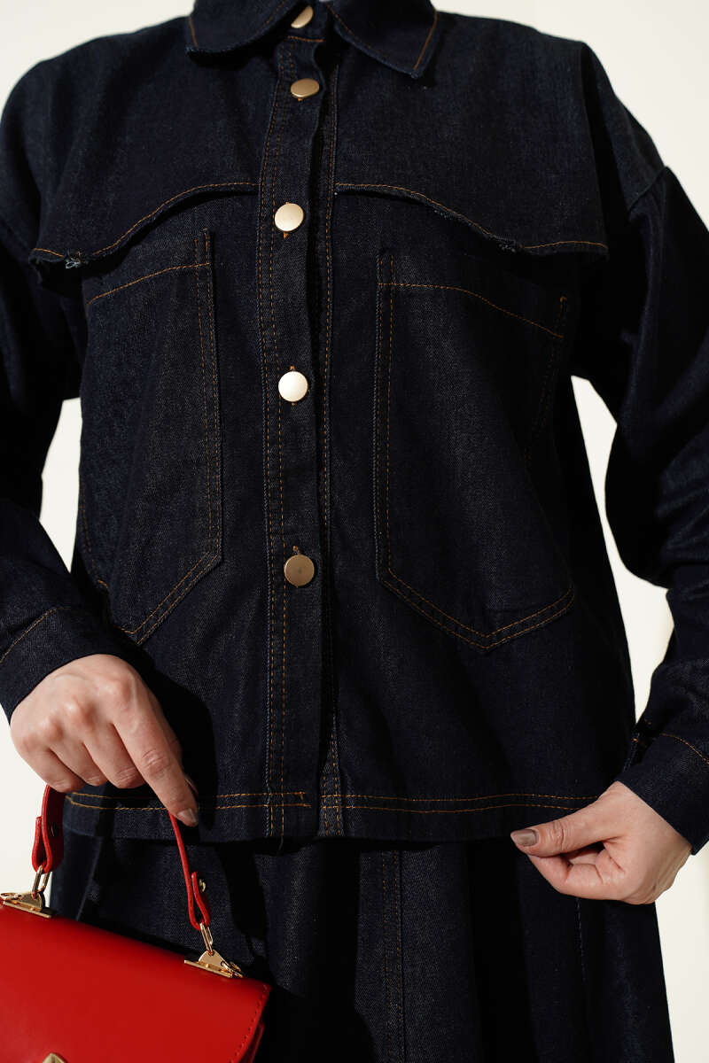 Denim Jacket and Skirt Set with Two Pockets - Navy