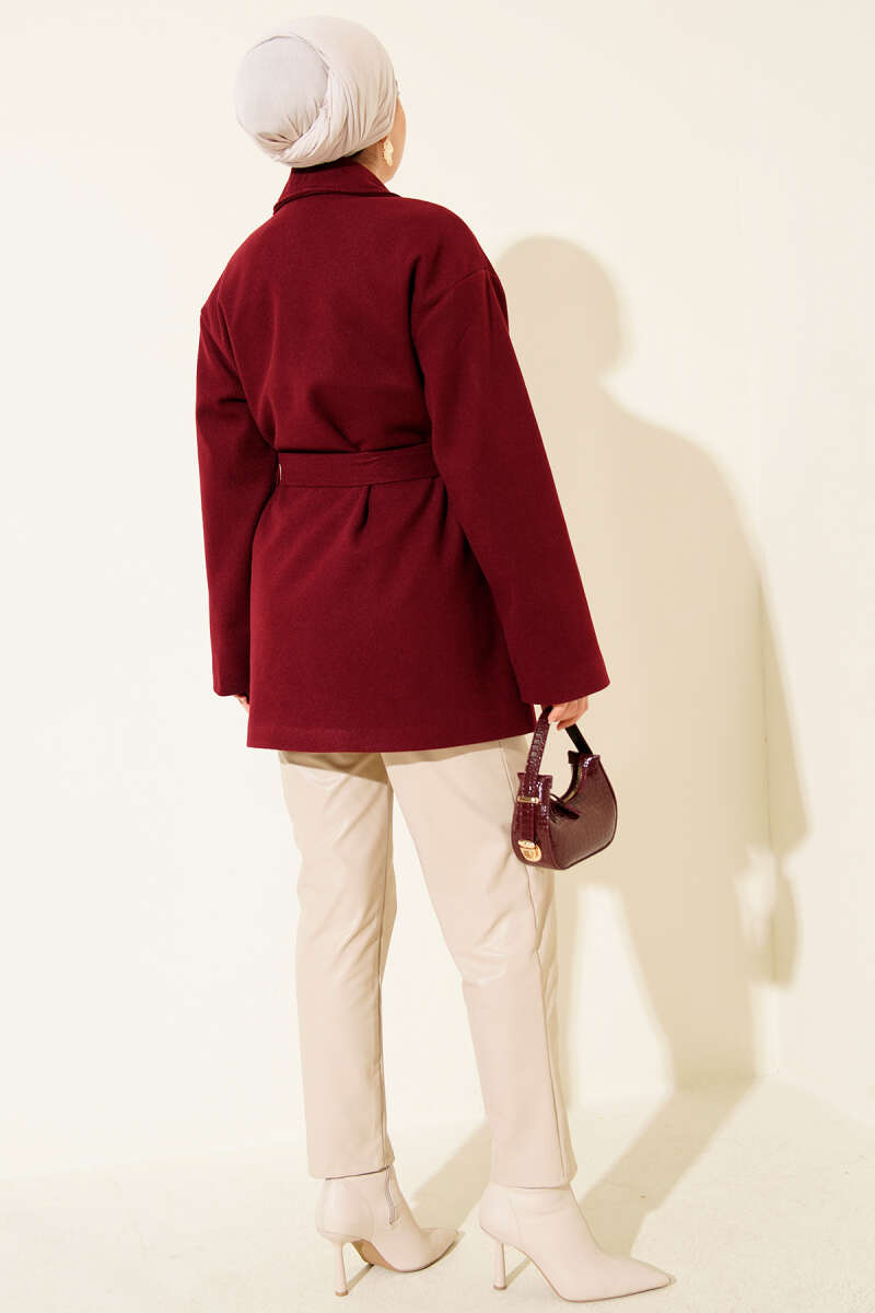 Short Belted Double-Breasted Coat with Two Pockets - Burgundy