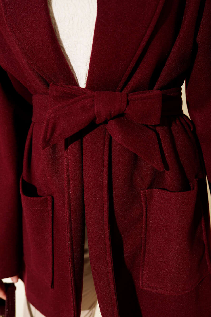 Short Belted Double-Breasted Coat with Two Pockets - Burgundy
