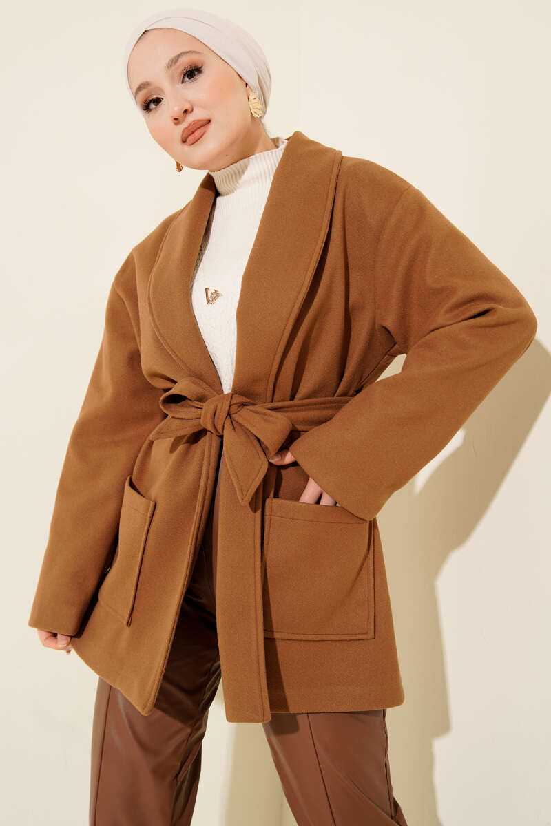 Short Belted Double-Breasted Coat with Two Pockets - Camel
