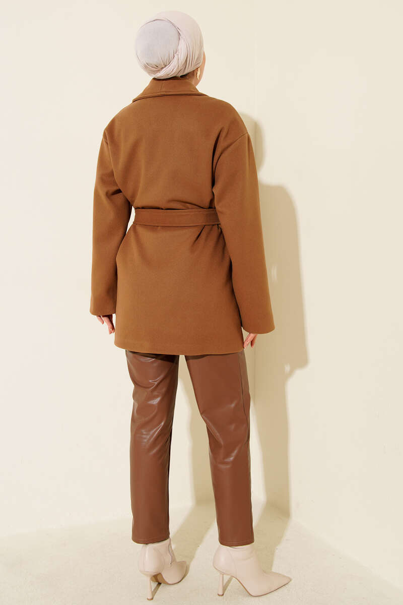 Short Belted Double-Breasted Coat with Two Pockets - Camel