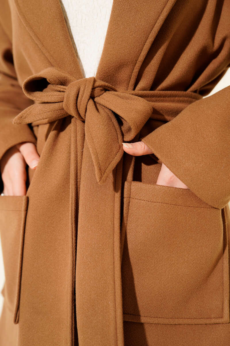Short Belted Double-Breasted Coat with Two Pockets - Camel