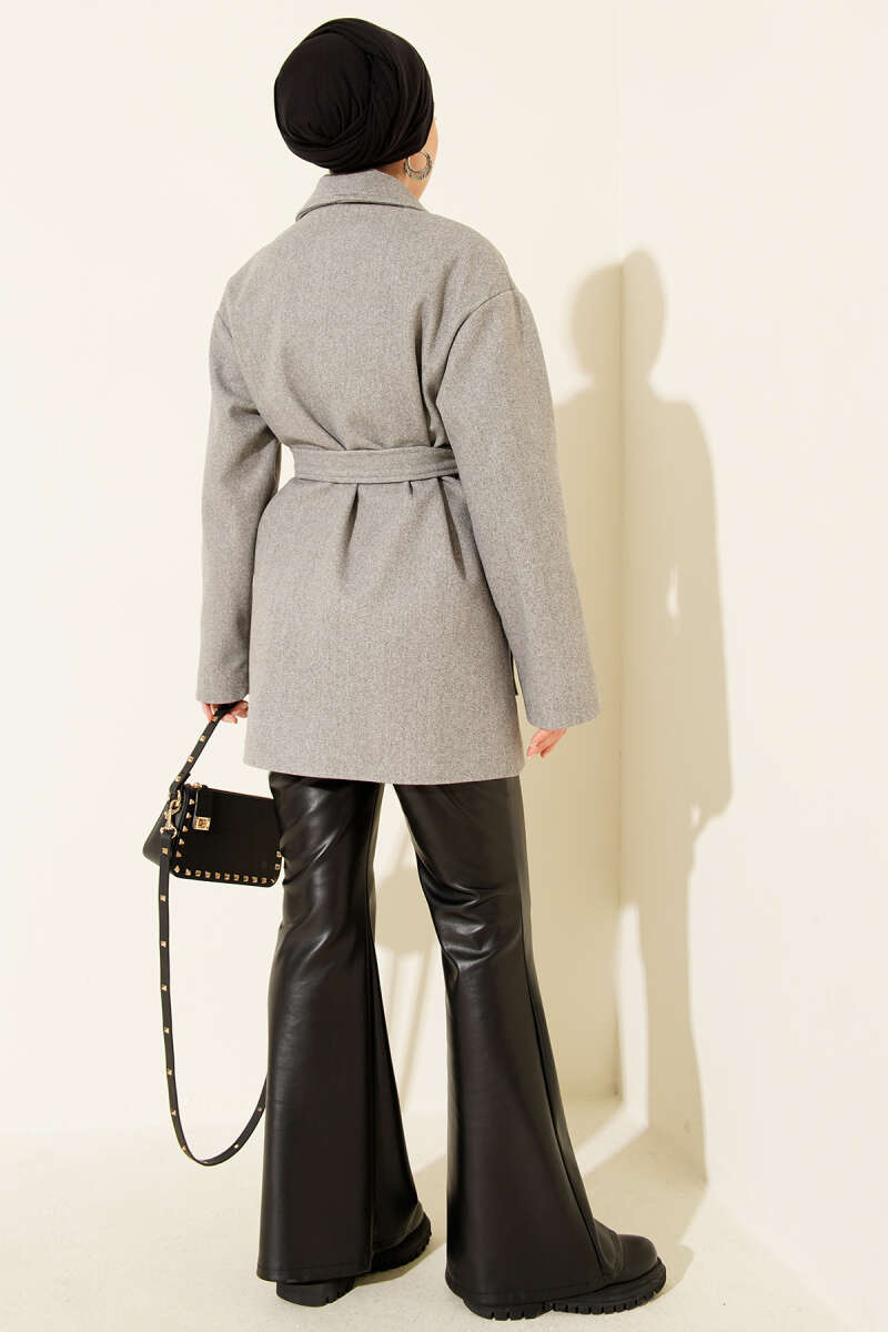 Short Belted Double-Breasted Coat with Two Pockets - Grey
