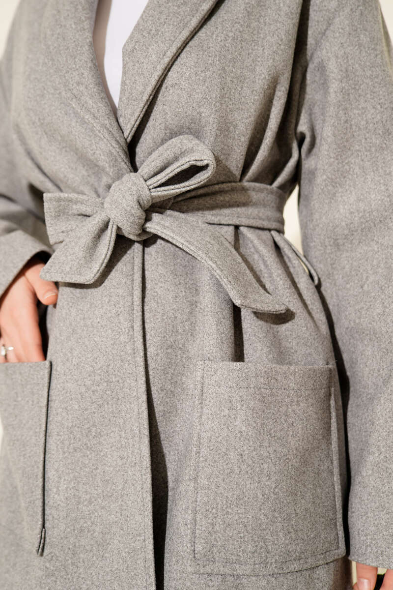 Short Belted Double-Breasted Coat with Two Pockets - Grey