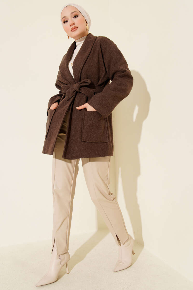 Short Belted Double-Breasted Coat with Two Pockets - Brown