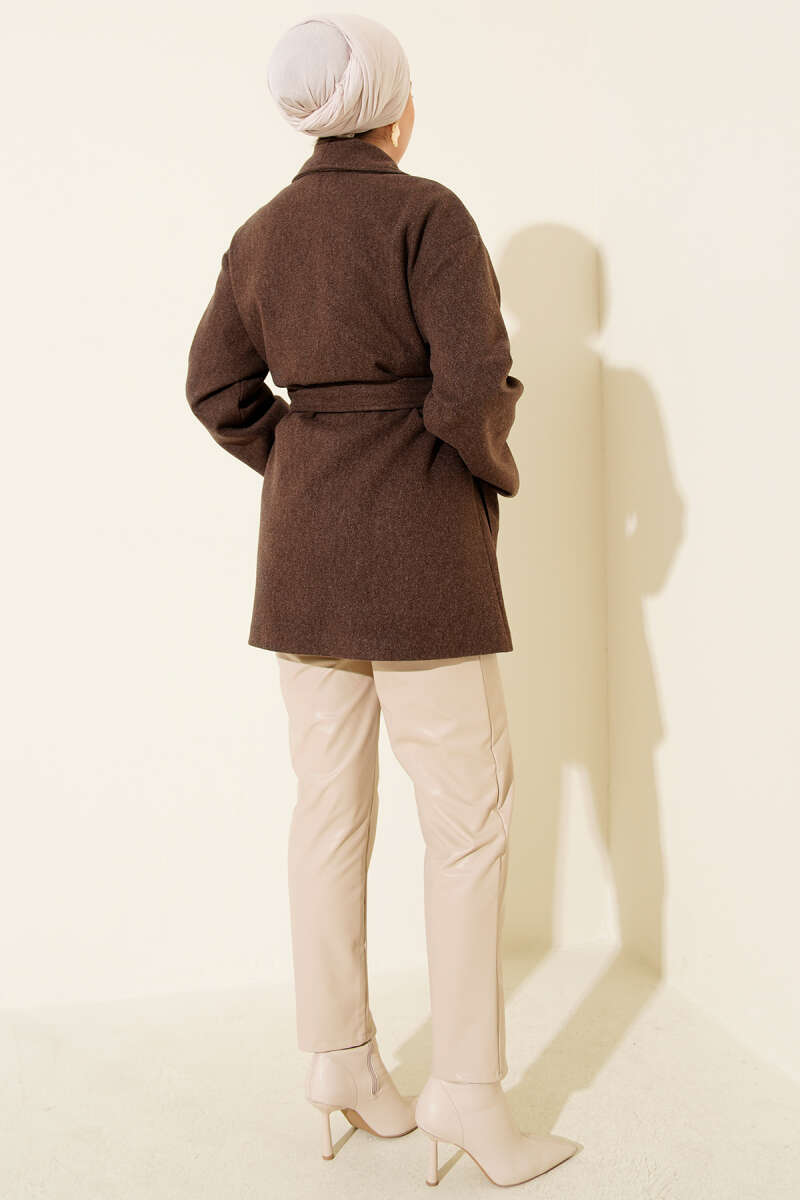 Short Belted Double-Breasted Coat with Two Pockets - Brown