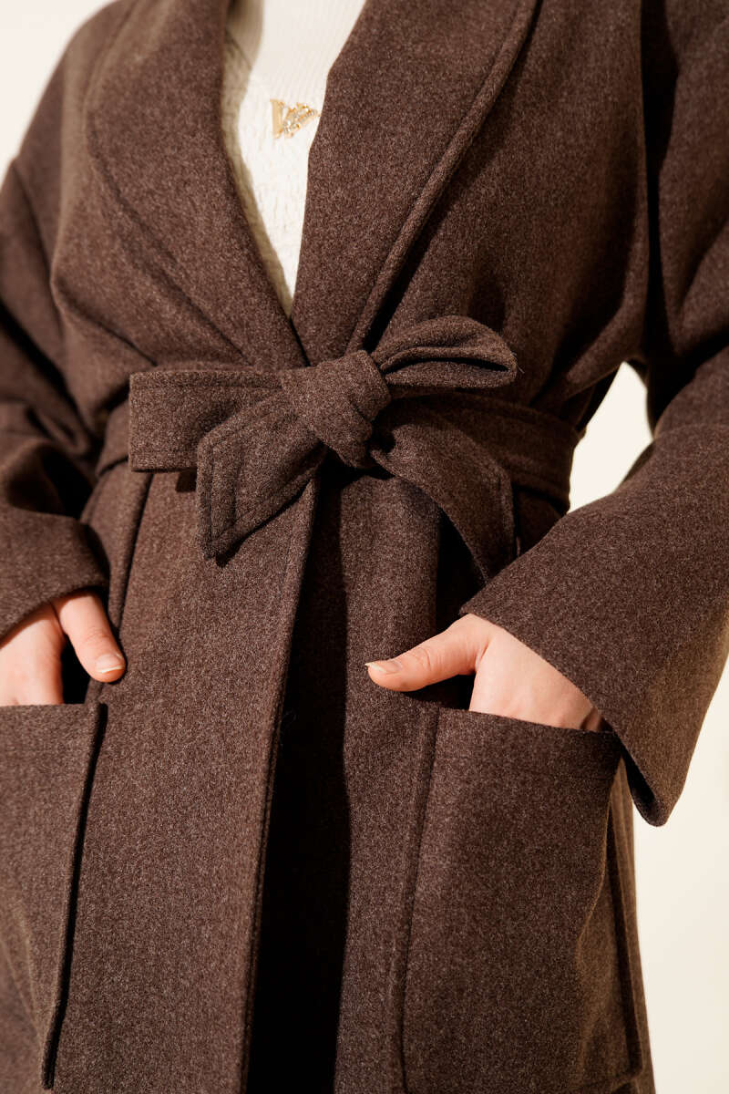 Short Belted Double-Breasted Coat with Two Pockets - Brown