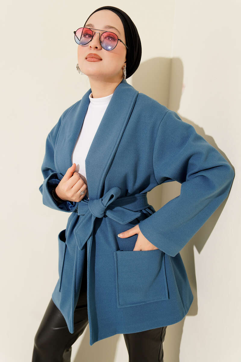 Short Belted Double-Breasted Coat with Two Pockets - Blue
