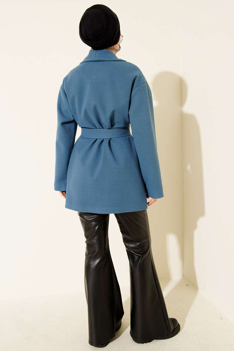 Short Belted Double-Breasted Coat with Two Pockets - Blue