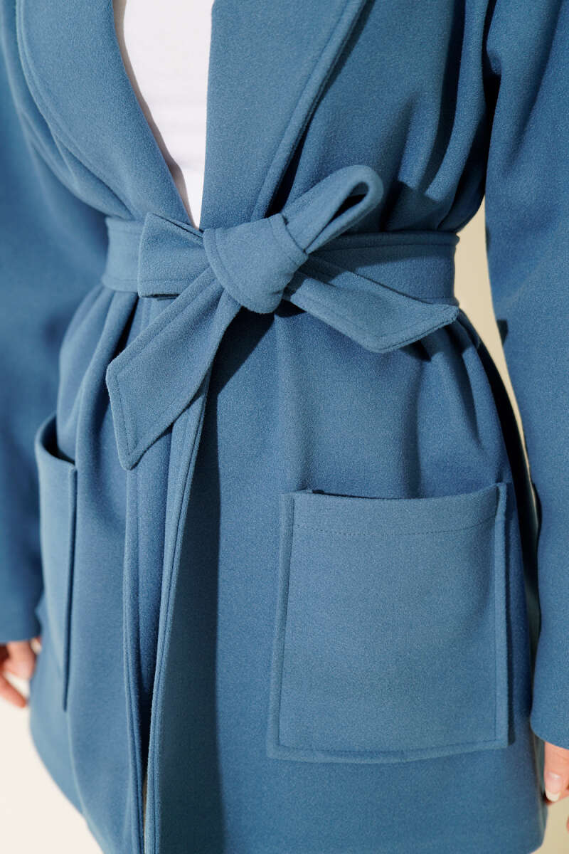 Short Belted Double-Breasted Coat with Two Pockets - Blue