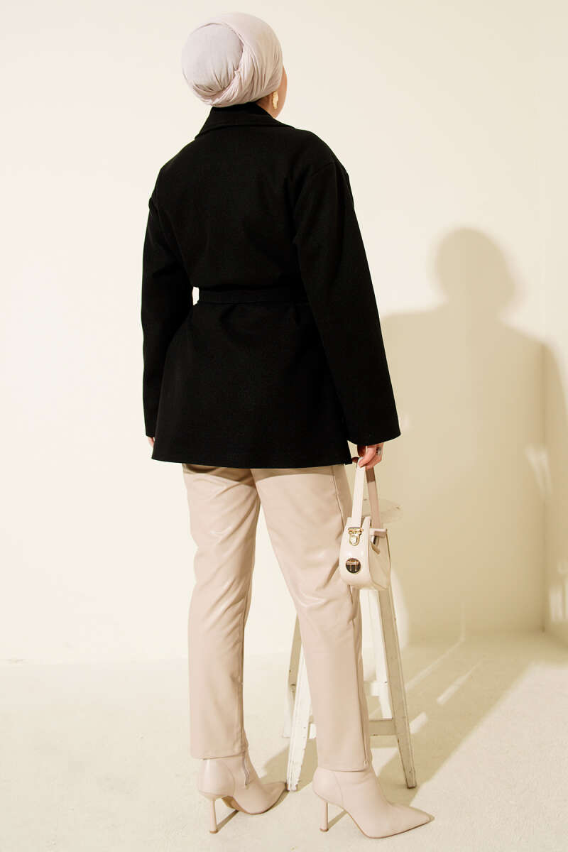 Short Belted Double-Breasted Coat with Two Pockets - Black