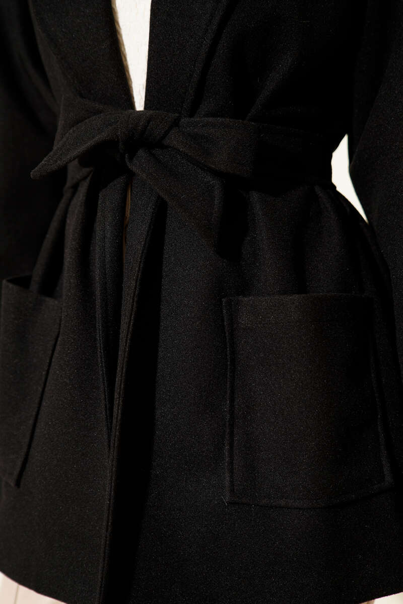 Short Belted Double-Breasted Coat with Two Pockets - Black