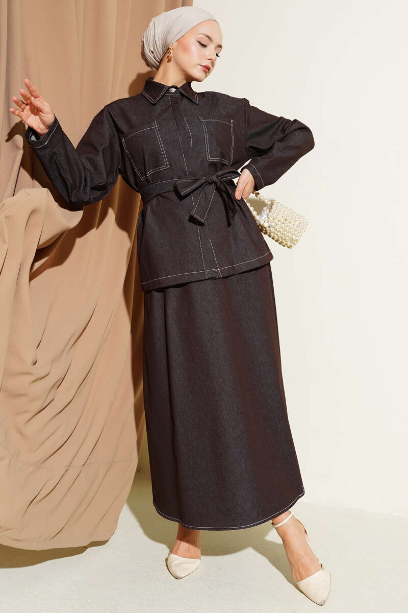 Belted Two-Pocket Denim Skirt Set - Brown