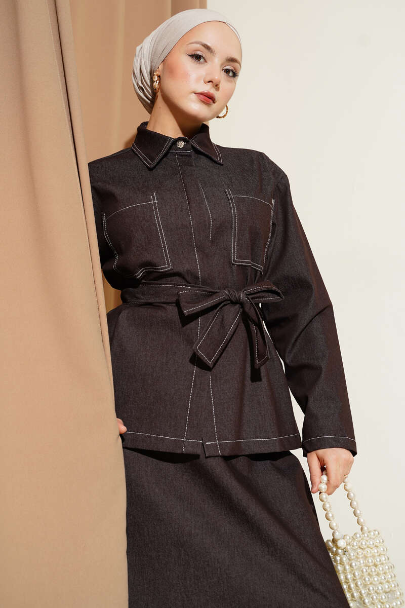 Belted Two-Pocket Denim Skirt Set - Brown