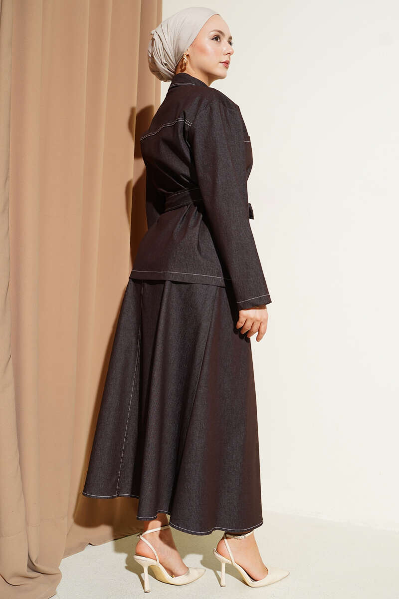 Belted Two-Pocket Denim Skirt Set - Brown
