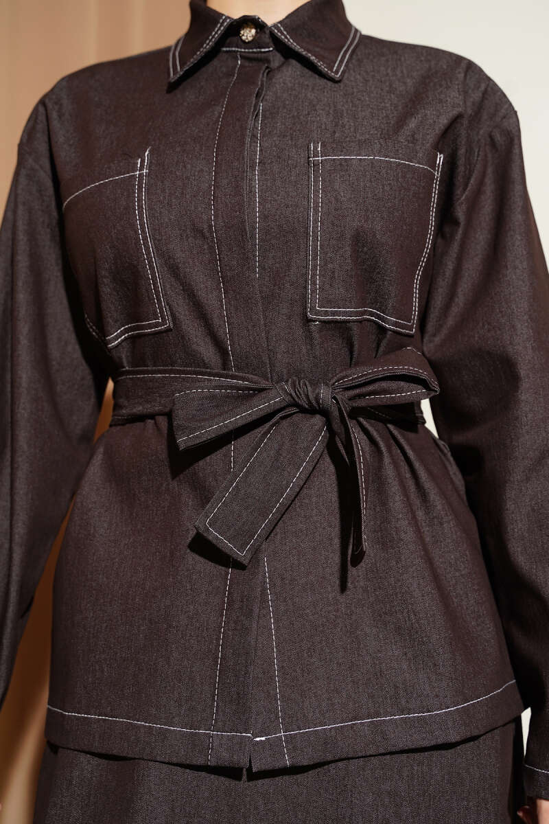 Belted Two-Pocket Denim Skirt Set - Brown