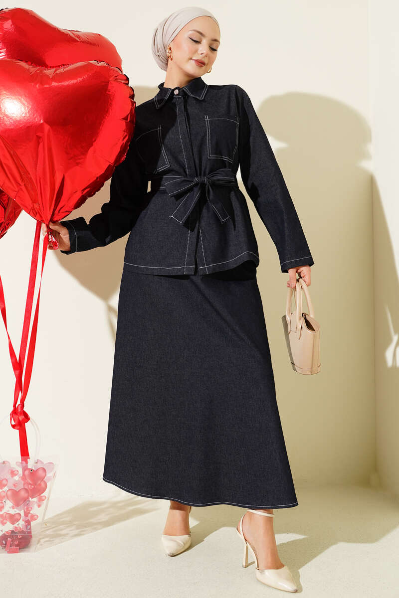 Belted Two-Pocket Denim Skirt Set - Navy