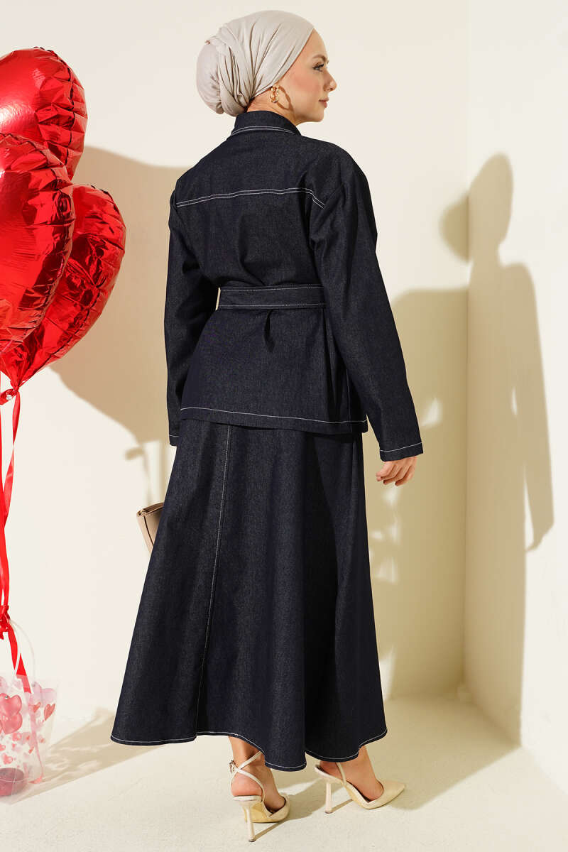 Belted Two-Pocket Denim Skirt Set - Navy
