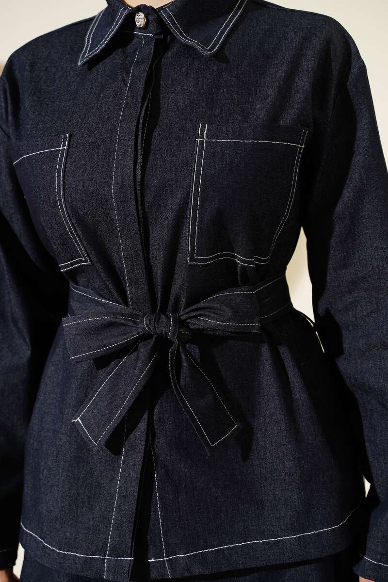 Belted Two-Pocket Denim Skirt Set - Navy