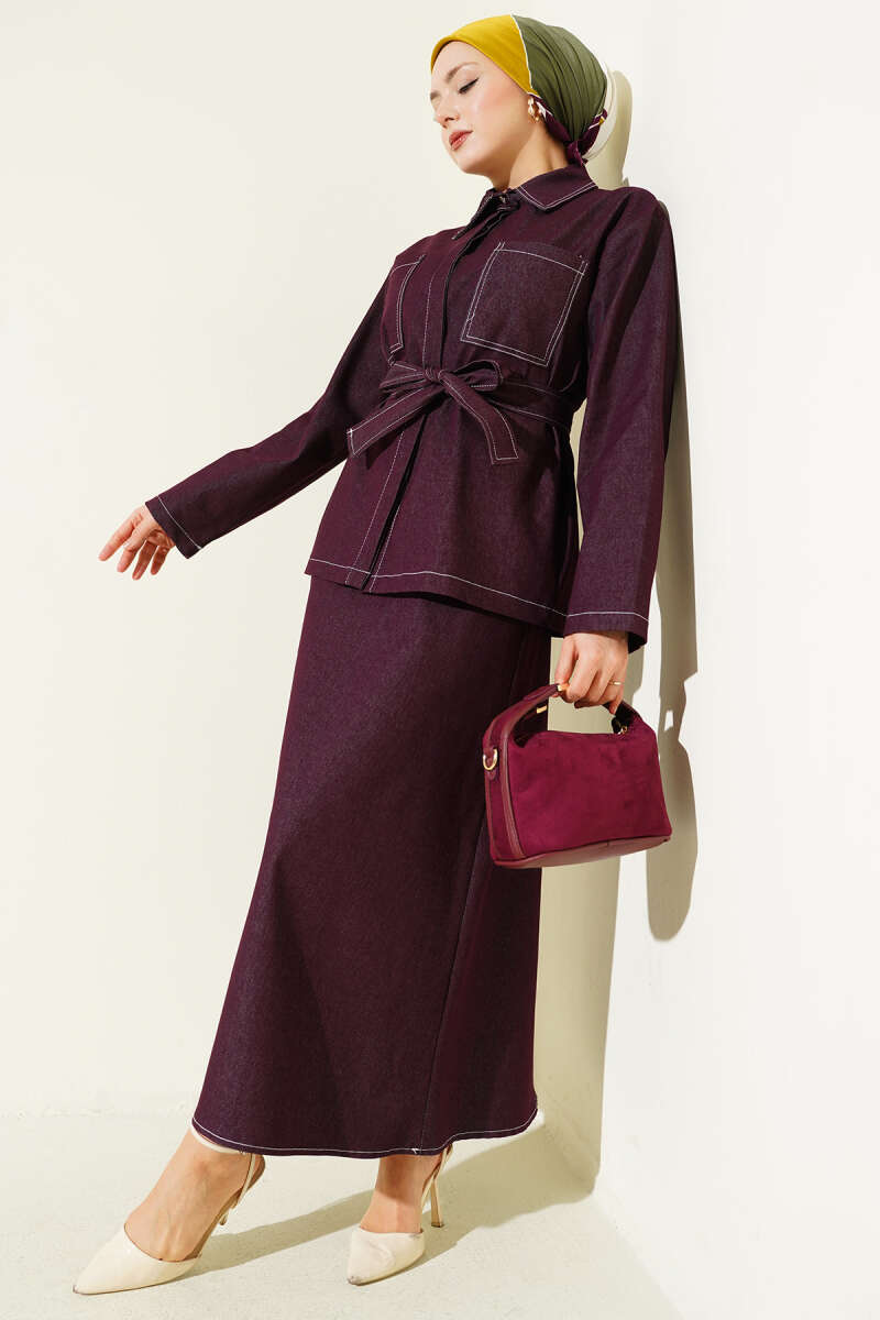 Belted Two-Pocket Denim Skirt Set - Plum