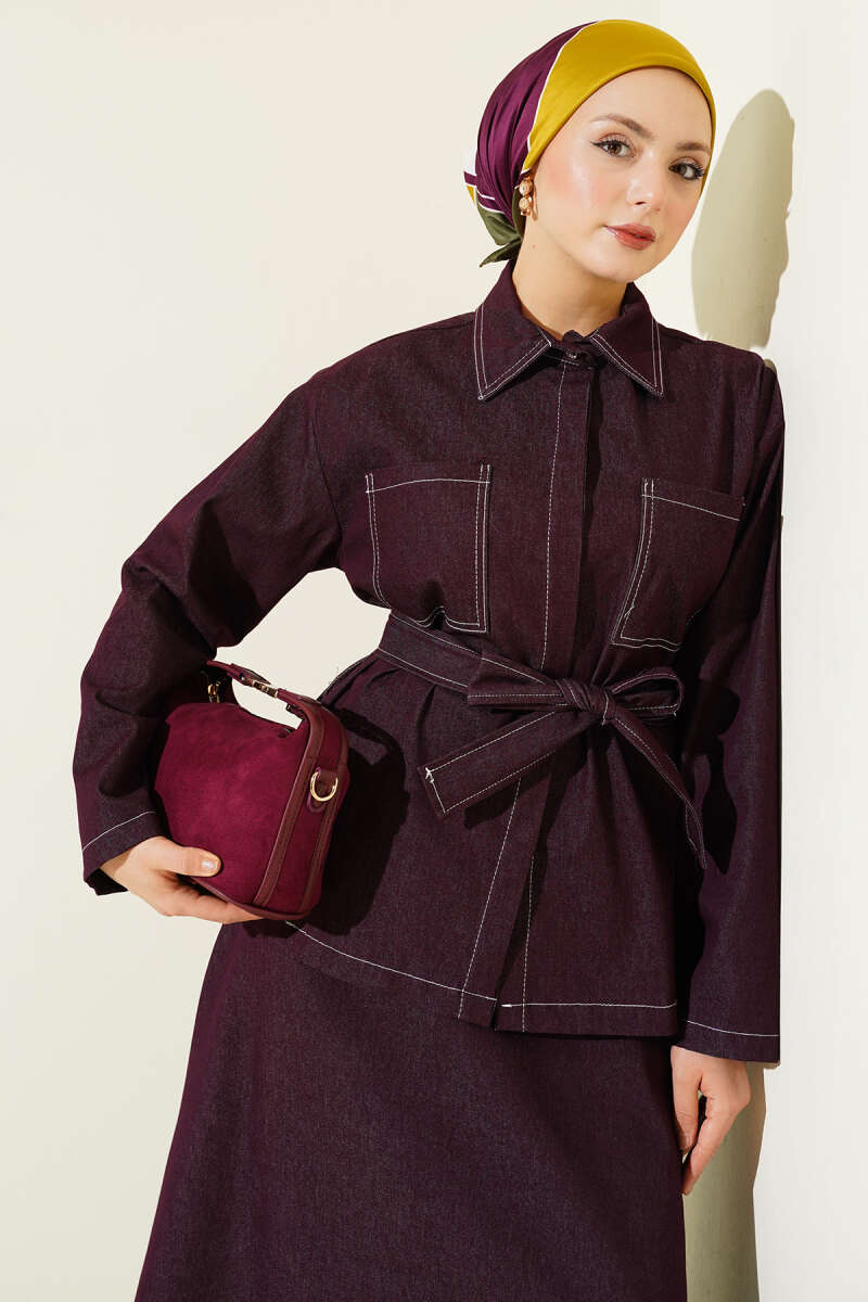 Belted Two-Pocket Denim Skirt Set - Plum