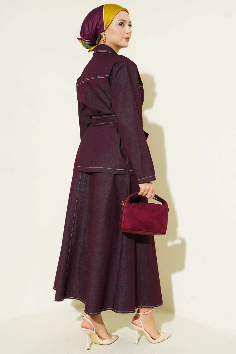 Belted Two-Pocket Denim Skirt Set - Plum