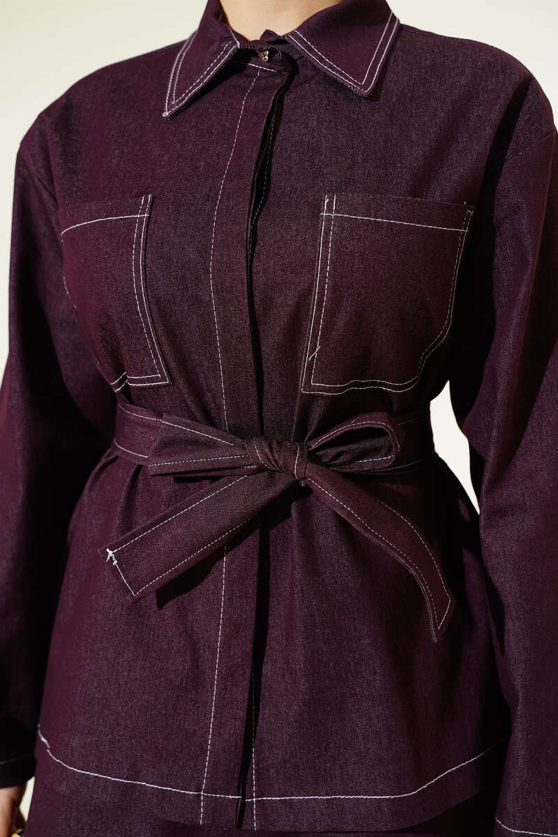 Belted Two-Pocket Denim Skirt Set - Plum