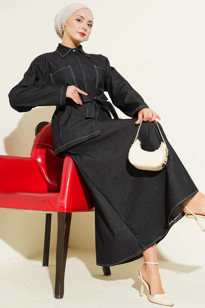 Belted Two-Pocket Denim Skirt Set - Black