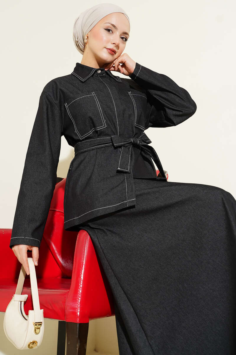 Belted Two-Pocket Denim Skirt Set - Black