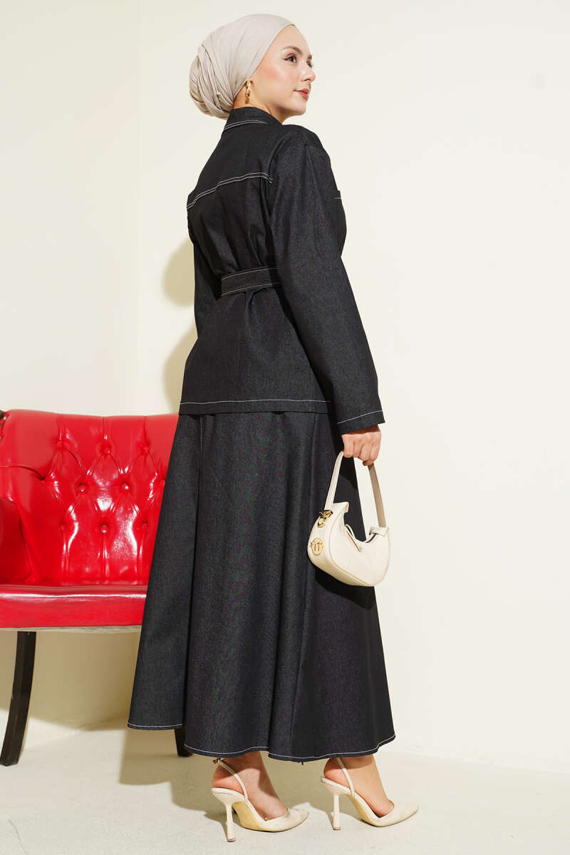 Belted Two-Pocket Denim Skirt Set - Black