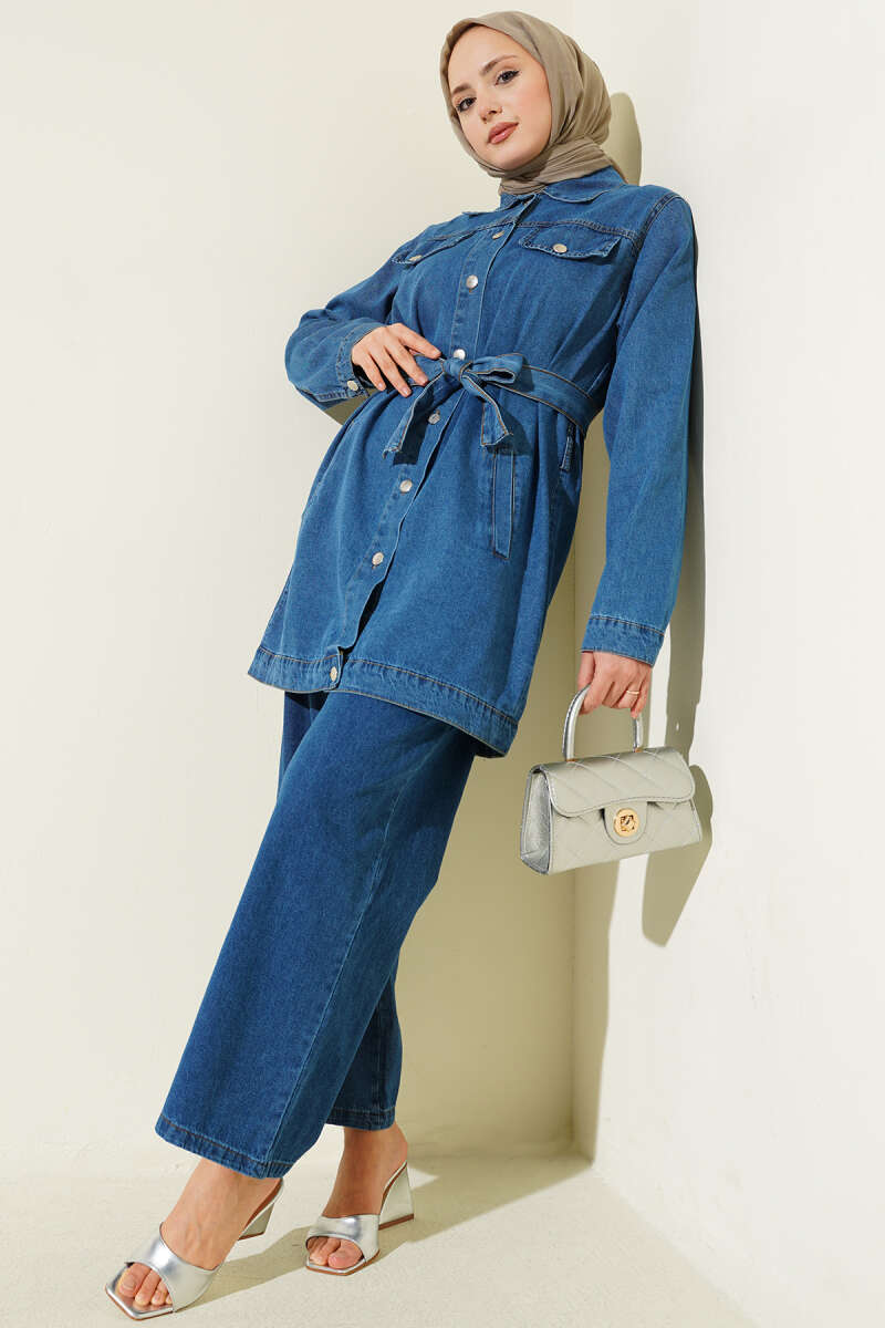 Belted Two-Pocket Denim Two-Piece Set - Denim Blue