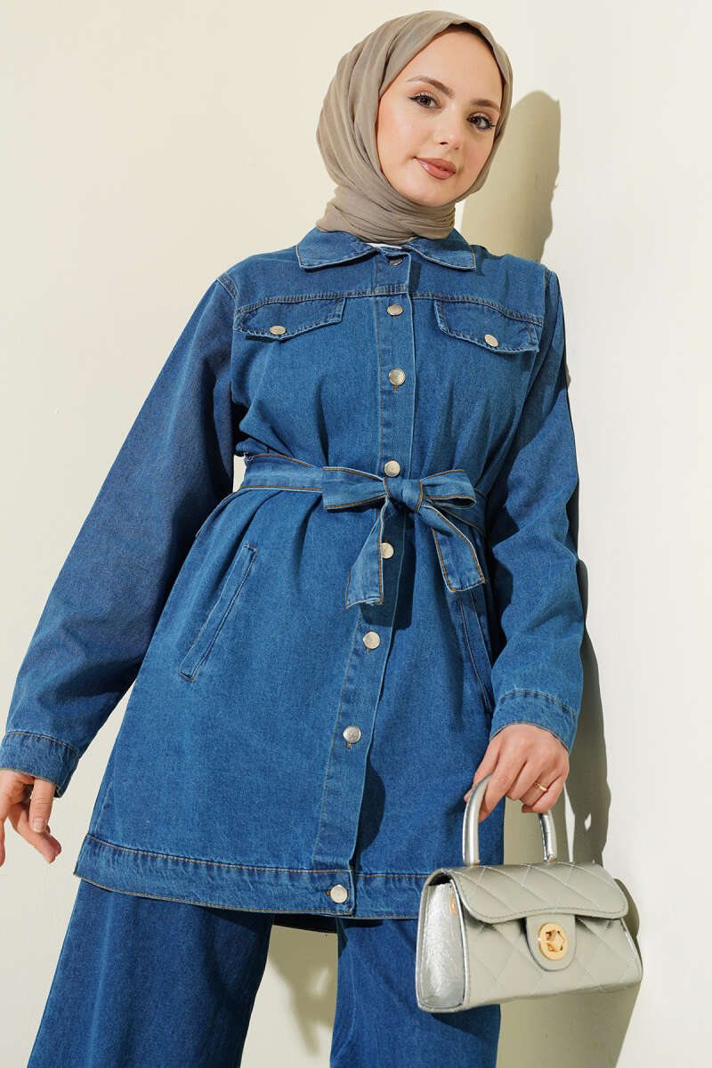 Belted Two-Pocket Denim Two-Piece Set - Denim Blue