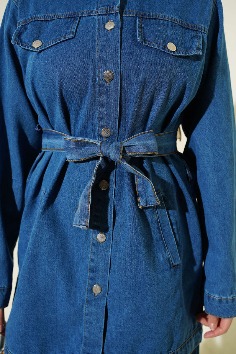 Belted Two-Pocket Denim Two-Piece Set - Denim Blue