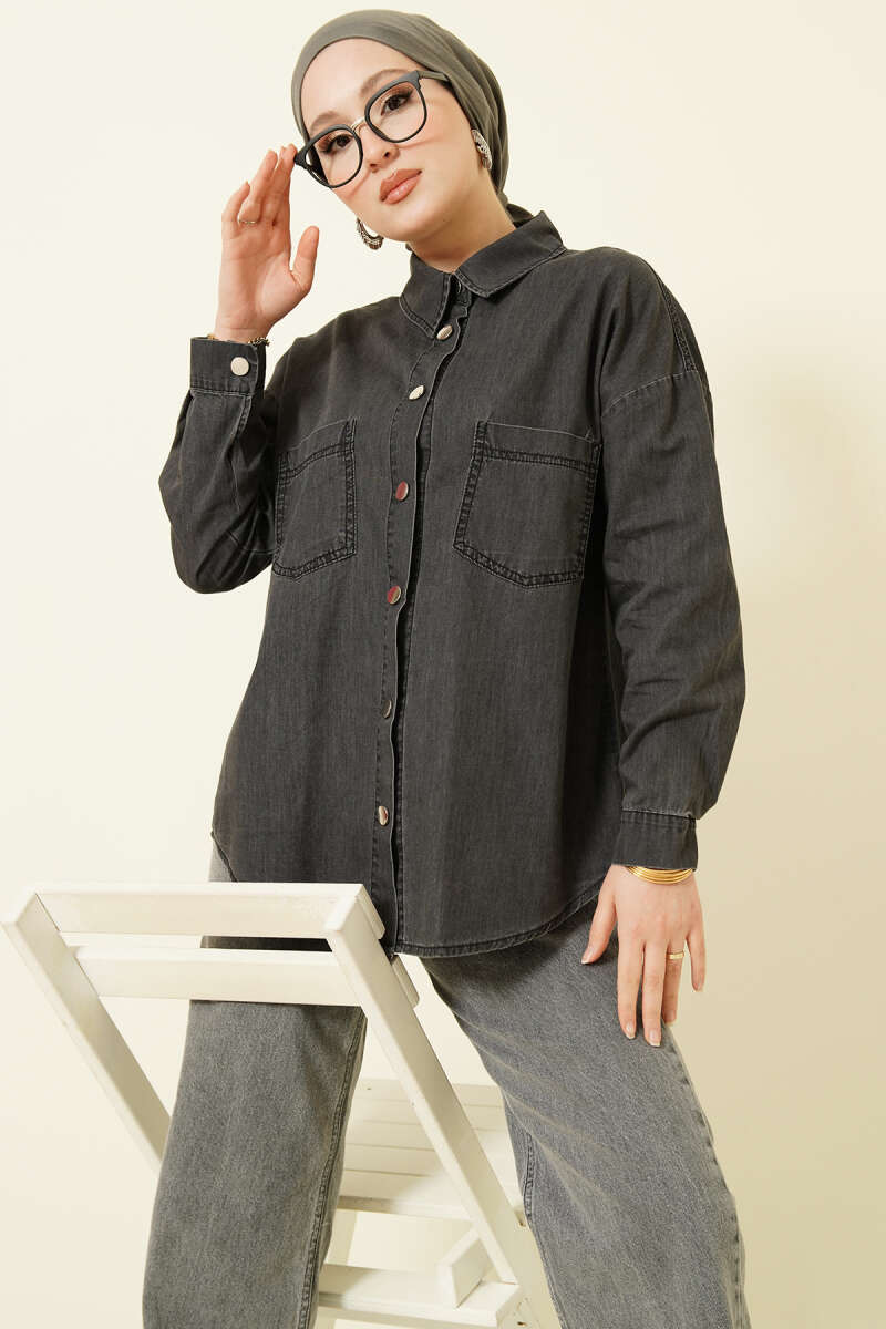 Denim Shirt with Two Pockets and Metal Buttons - Charcoal