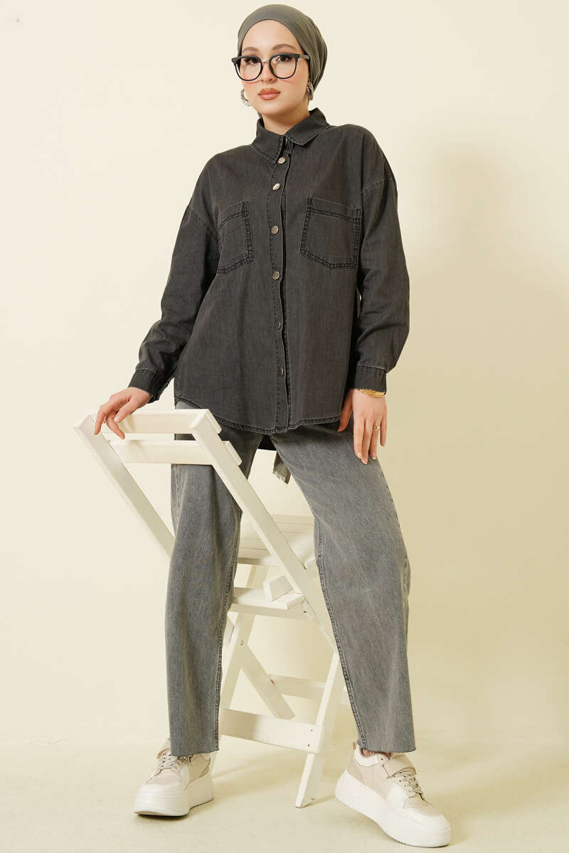 Denim Shirt with Two Pockets and Metal Buttons - Charcoal