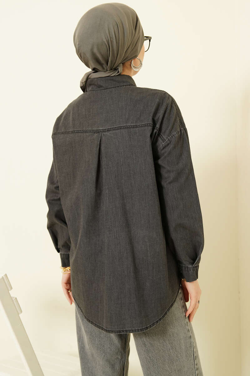 Denim Shirt with Two Pockets and Metal Buttons - Charcoal