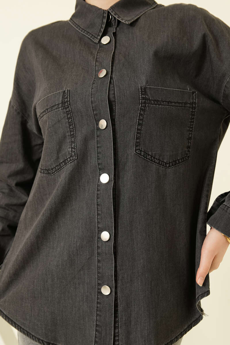Denim Shirt with Two Pockets and Metal Buttons - Charcoal