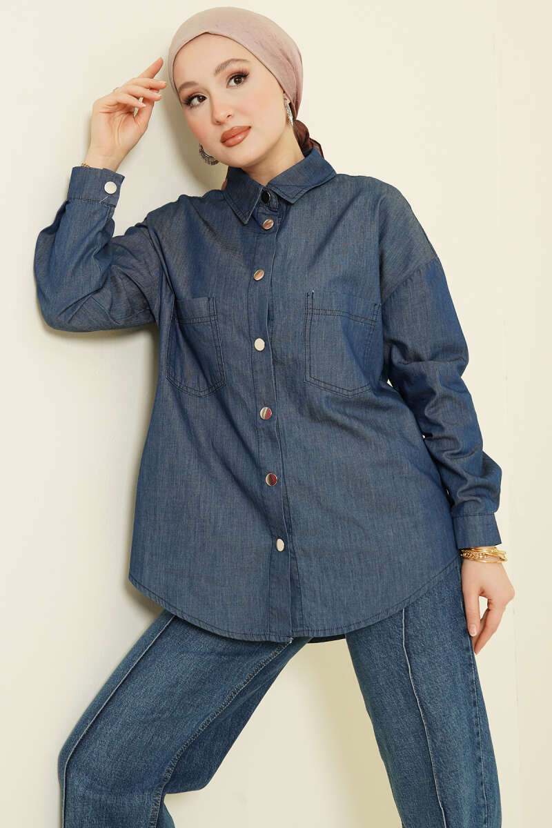 Denim Shirt with Two Pockets and Metal Buttons - Navy