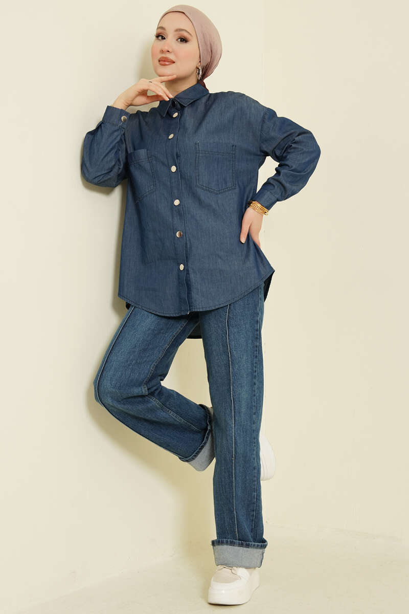 Denim Shirt with Two Pockets and Metal Buttons - Navy