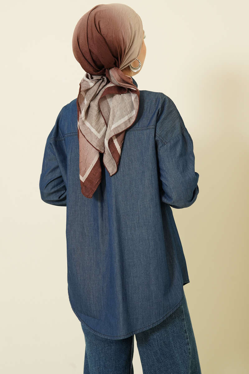 Denim Shirt with Two Pockets and Metal Buttons - Navy