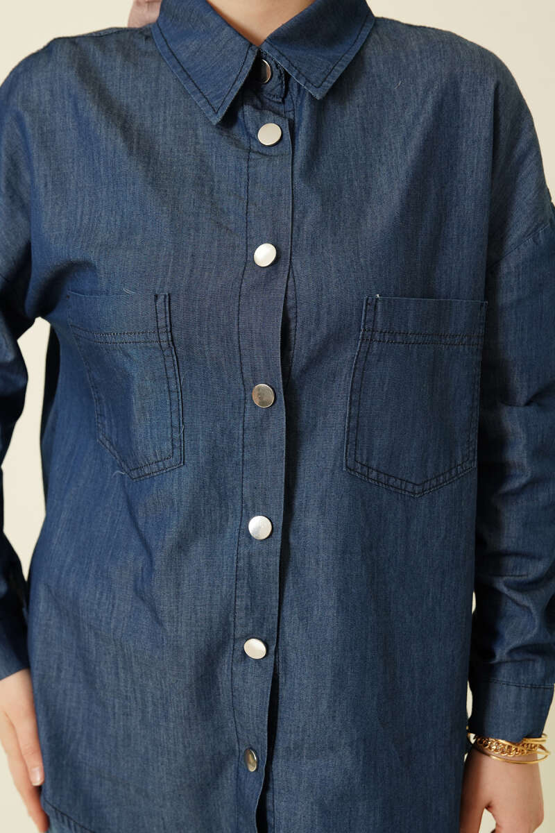 Denim Shirt with Two Pockets and Metal Buttons - Navy
