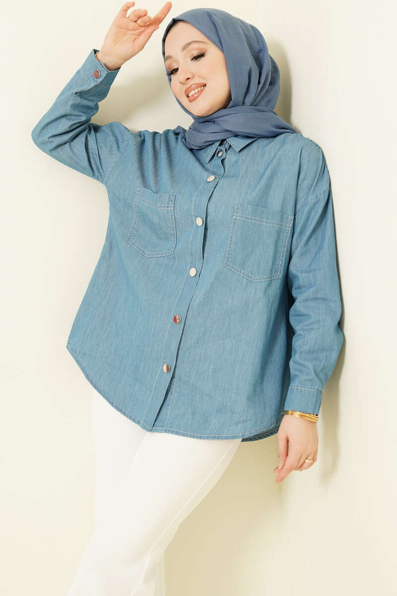 Denim Shirt with Two Pockets and Metal Buttons - Blue